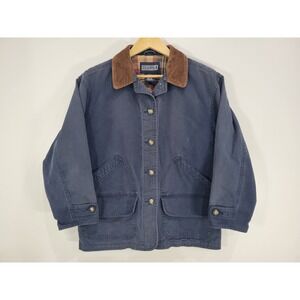 Lands End Womens Petite M Barn Coat Navy Blue Cotton Canvas Plaid Flannel Lined